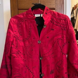 Look sophisticated in this Chicos, red and black silk lined jacket, size 1.